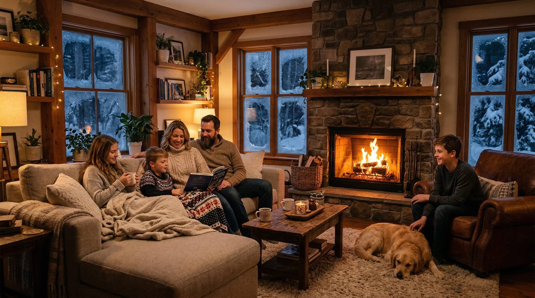 Cozy family by the fireplace