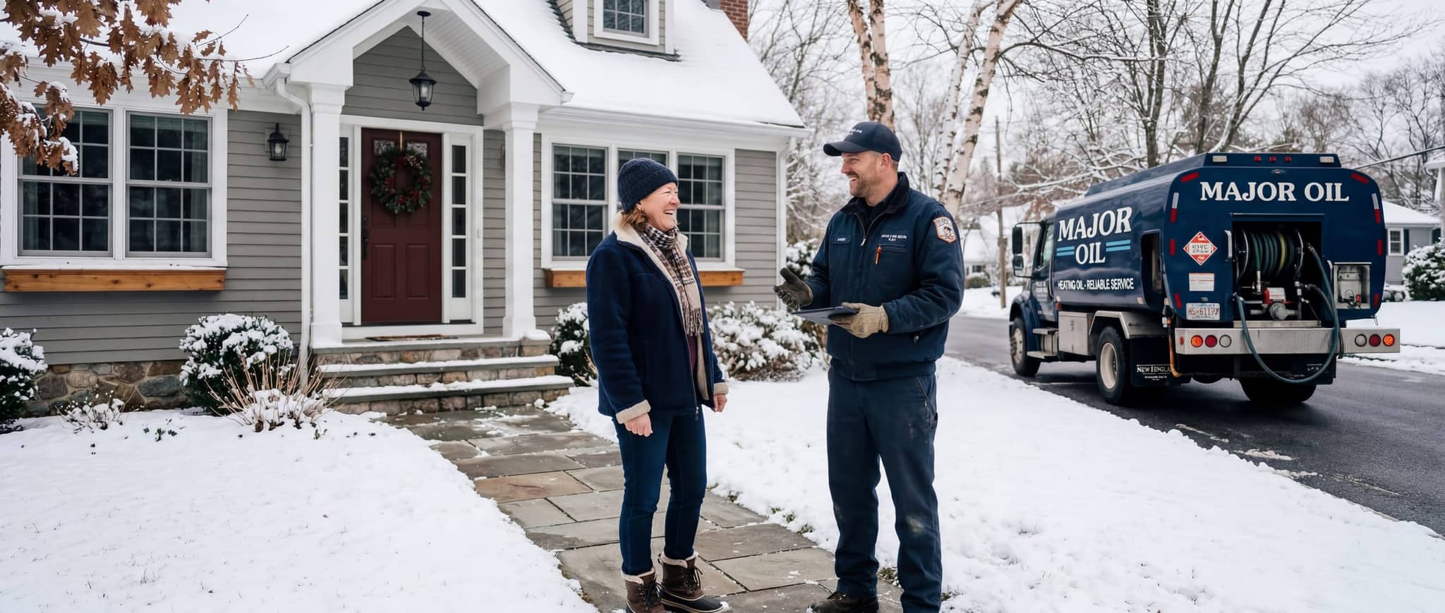 Homeowner chatting with Major Oil delivery driver